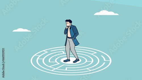 businessman standing in the middle of the maze thinking looking for a way out, problem solving concept, business people with maze puzzle, looking for solution or innovation in solving business problem