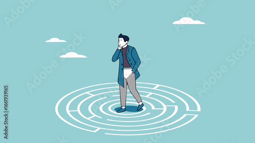 businessman standing in the middle of the maze thinking looking for a way out, problem solving concept, business people with maze puzzle, looking for solution or innovation in solving business problem