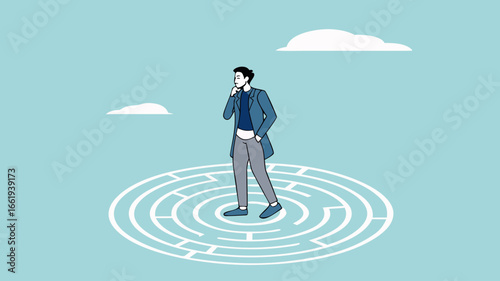 businessman standing in the middle of the maze thinking looking for a way out, problem solving concept, business people with maze puzzle, looking for solution or innovation in solving business problem