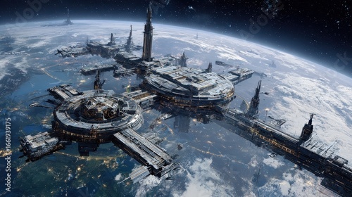 Fototapeta Naklejka Na Ścianę i Meble -  Space station orbiting Earth, nighttime lights, possible future colony, technology concept