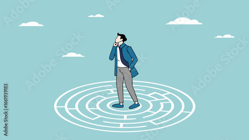 businessman standing in the middle of the maze thinking looking for a way out, problem solving concept, business people with maze puzzle, looking for solution or innovation in solving business problem