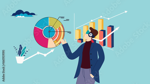 analyze financial data using virtual reality and augmented reality technology, businessman analyzes company marketing and investment chart using mixed reality headset concept vector illustration
