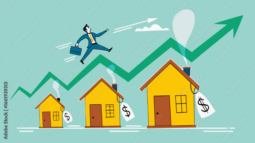 Φωτογραφία real estate or property growth concept, Housing price rising up, businessman run