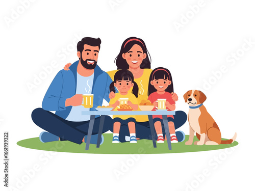 Happy Family Picnic: A cheerful family enjoys a relaxing picnic on the grass, sharing snacks and drinks with their playful dog.