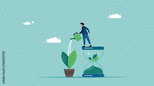 ESG, Environmental social and governance, sustainable business, industry using environmentally friendly energy or renewable energy, businessman watering sustainability light bulb on top of hourglass

