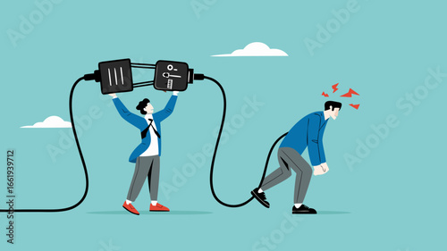 recharge energy or restore enthusiasm for work, refreshing from overwork or tiring activities, businessman connects electrical plug to power source to recharge low battery exhausted businessman worker