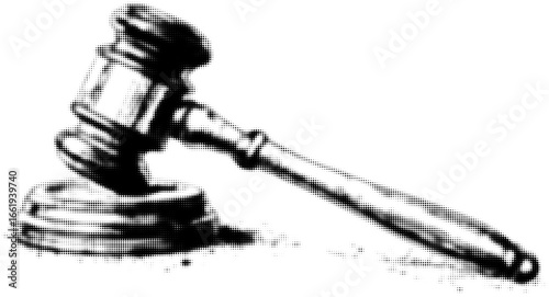 Judge's wooden gavel on sound block in black and white illustration style. Vector illustration