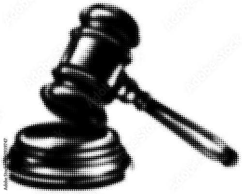 Gavel in halftone effect symbolizing justice and authority, monochrome illustration. Vector illustration