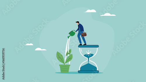 ESG, Environmental social and governance, sustainable business, industry using environmentally friendly energy or renewable energy, businessman watering sustainability light bulb on top of hourglass
