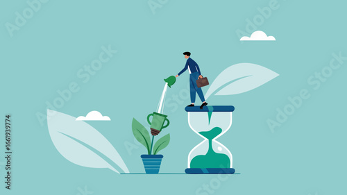 ESG, Environmental social and governance, sustainable business, industry using environmentally friendly energy or renewable energy, businessman watering sustainability light bulb on top of hourglass
