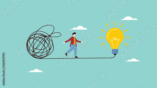 Careful of Problem Solving with creative idea solution, thought process to find a way out of a problem, conscientious businessman crossed a stretch of messy lines to a lightbulb idea
