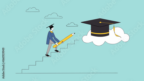 efforts to achieve higher education, cost to graduate high degree education, man uses a pencil to make a ladder leading to the graduation cap so he can achieve high education vector illustration
