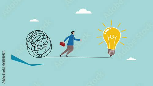 Careful of Problem Solving with creative idea solution, thought process to find a way out of a problem, conscientious businessman crossed a stretch of messy lines to a lightbulb idea
