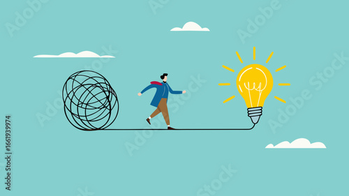 Careful of Problem Solving with creative idea solution, thought process to find a way out of a problem, conscientious businessman crossed a stretch of messy lines to a lightbulb idea
