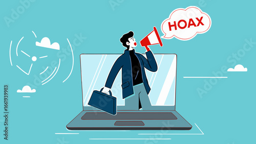 businessman using megaphone conveying fake news or hoax on computer laptop, hoax or fake news illustration, misleading information from social media that creates misunderstandings
