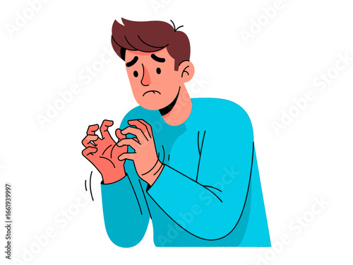 Fear's Grip: An illustration portraying a man in the throes of anxiety, his hands clenched, capturing a moment of distress and vulnerability.