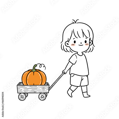Child pulling wagon with pumpkin 