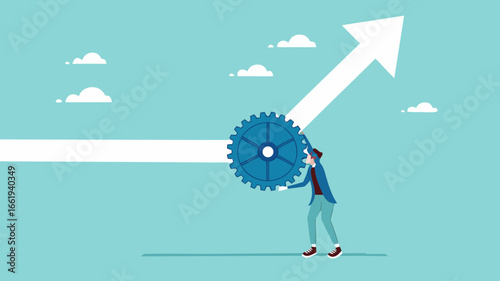 change business management, businessman turn gear cog to manage change direction arrows, professional or expertise to manage company transformation or implement new process concept vector illustration