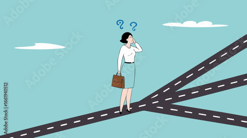 confused businesswoman in determining career path, make a career path decision, choosing concept, confused businesswoman standing at a crossroads determining the direction of her career path
