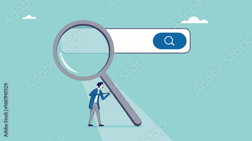 search new job or information, find career opportunity, businessman directs big magnifying glass on search bar
