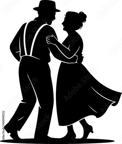 A pure black silhouette of an elderly couple dancing together