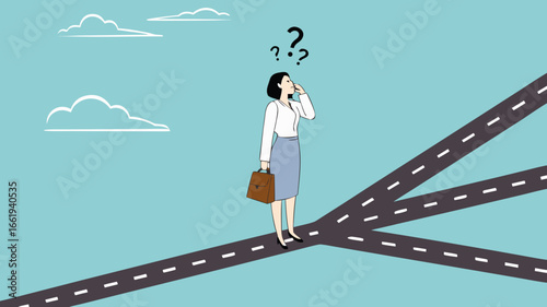 confused businesswoman in determining career path, make a career path decision, choosing concept, confused businesswoman standing at a crossroads determining the direction of her career path

