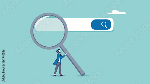 search new job or information, find career opportunity, businessman directs big magnifying glass on search bar
