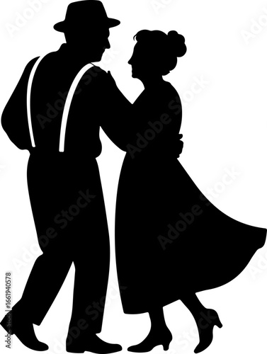 A pure black silhouette of an elderly couple dancing together