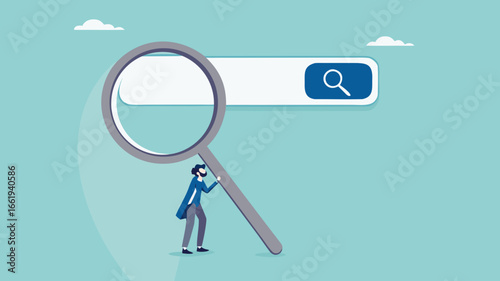 search new job or information, find career opportunity, businessman directs big magnifying glass on search bar
