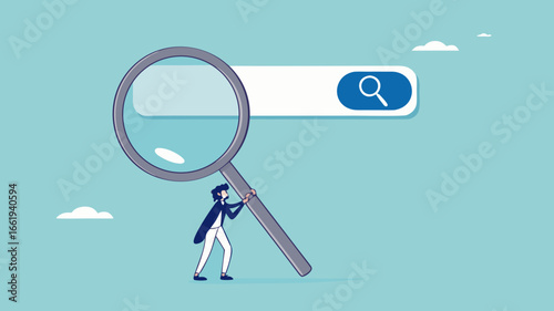 search new job or information, find career opportunity, businessman directs big magnifying glass on search bar
