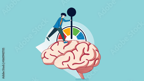 active your brain, smart thinking or emotional intelligence, smart businessman turn on switch on his own brain to high performance mode with flat design vector illustration
