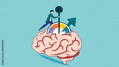 active your brain, smart thinking or emotional intelligence, smart businessman turn on switch on his own brain to high performance mode with flat design vector illustration
