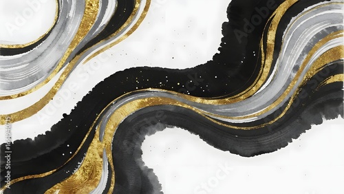 Abstract Art with Black, White, and Gold Swirls