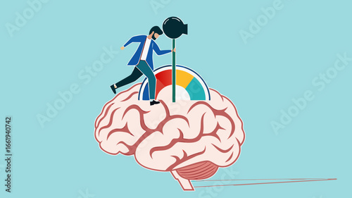 active your brain, smart thinking or emotional intelligence, smart businessman turn on switch on his own brain to high performance mode with flat design vector illustration
