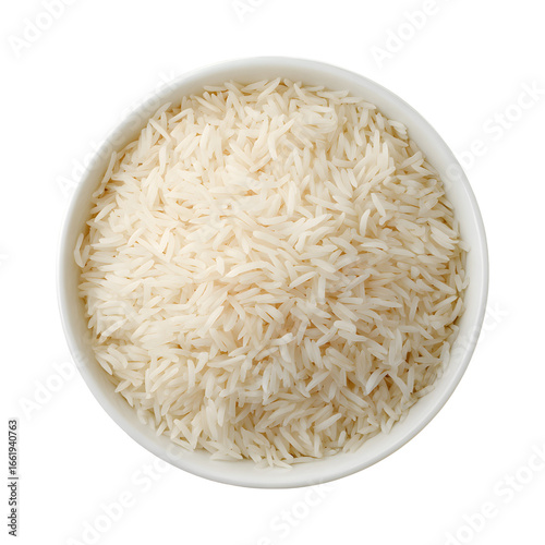 Overhead shot of fluffy white basmati rice in a ceramic bowl against black