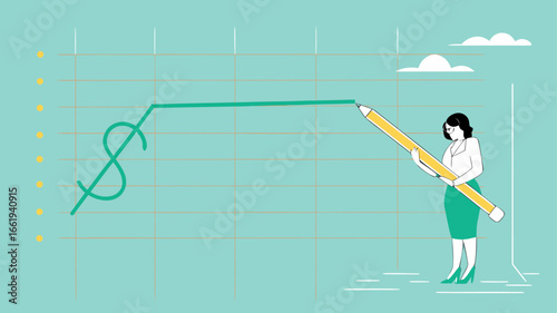 stock price rising up, business woman draws a graph of rising stock prices with a pencil concept vector illustration
