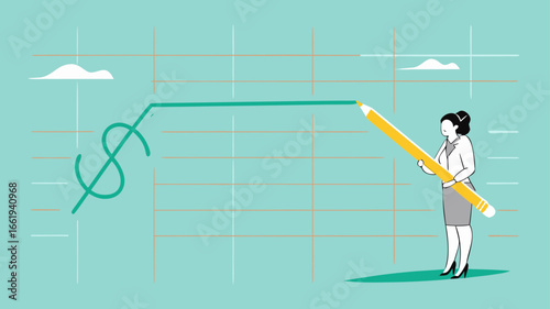 stock price rising up, business woman draws a graph of rising stock prices with a pencil concept vector illustration
