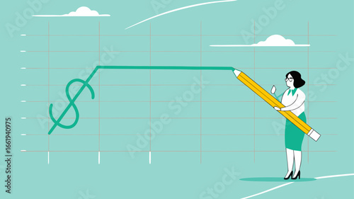 stock price rising up, business woman draws a graph of rising stock prices with a pencil concept vector illustration
