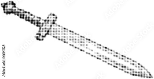 Vintage grayscale halftone depiction of a medieval sword laying horizontally. Vector illustration