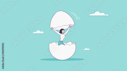beginners businesswoman, beginner in starting a new business, newbie business woman comes out of a hatched egg concept vector illustration
