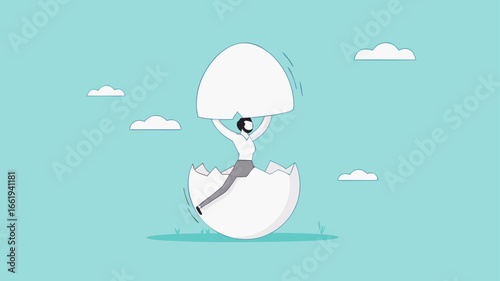beginners businesswoman, beginner in starting a new business, newbie business woman comes out of a hatched egg concept vector illustration
