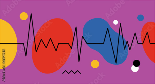 Abstract Heartbeat Wave Pattern on a Vibrant Purple Background with Colorful Abstract Shapes
