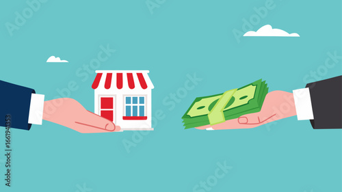company buyout, selling company offer or merger, acquisition agreement or take over, franchise business concept, businessman offering money to buy a company or franchise business concept illustration
