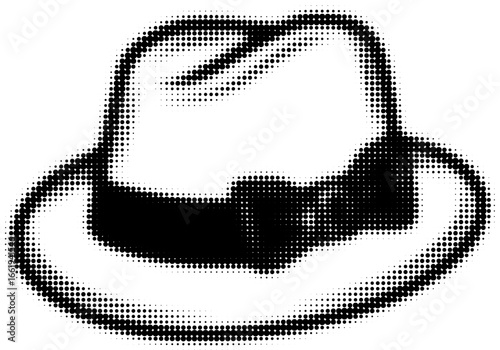 Black and white halftone illustration of a fedora hat with bow detail. Vector illustration