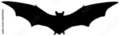 Silhouette of a bat with outstretched wings in halftone black and white design. Vector illustration