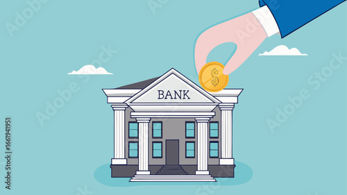 deposit money in a bank vector illustration, object financial investment, cash deposit to the bank, profit in crease concept, businessman hand putting golden coin into bank building concept design

