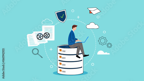 database system, cloud computing technology or file document archive, database administration concept, data network management, security or search, man work with laptop on database server
