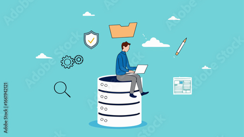 database system, cloud computing technology or file document archive, database administration concept, data network management, security or search, man work with laptop on database server
