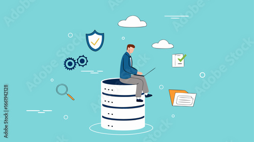 database system, cloud computing technology or file document archive, database administration concept, data network management, security or search, man work with laptop on database server
