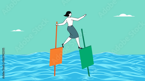 try new opportunities in business investment, navigating stock market volatility, make a decision to buy shares, profitable business, woman investor moves to buoy from growing investment bar chart
